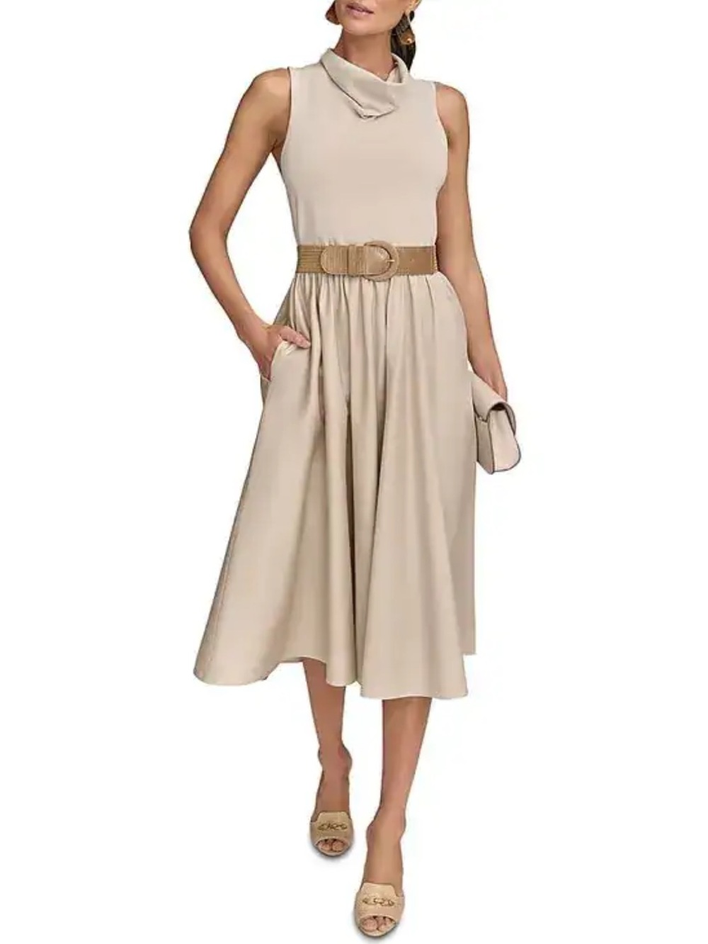 Donna Karan Sand Sleeveless Belted Midi Dress